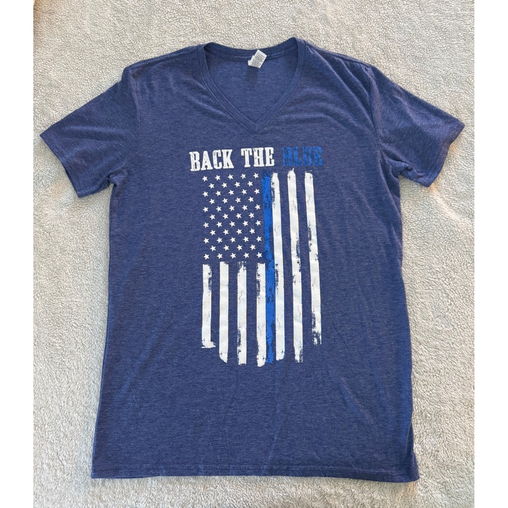 Anvil Back The Blue Thin Blue Line American Flag V-Neck T-Shirt Blue Mens Medium